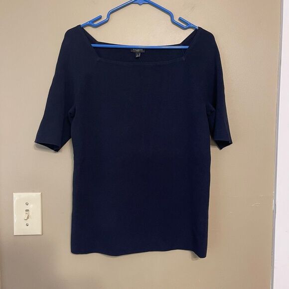 Talbots Womens Navy Blue Square Neck Elbow Sleeve Sweater Keyhole Petite Large - Picture 3 of 9